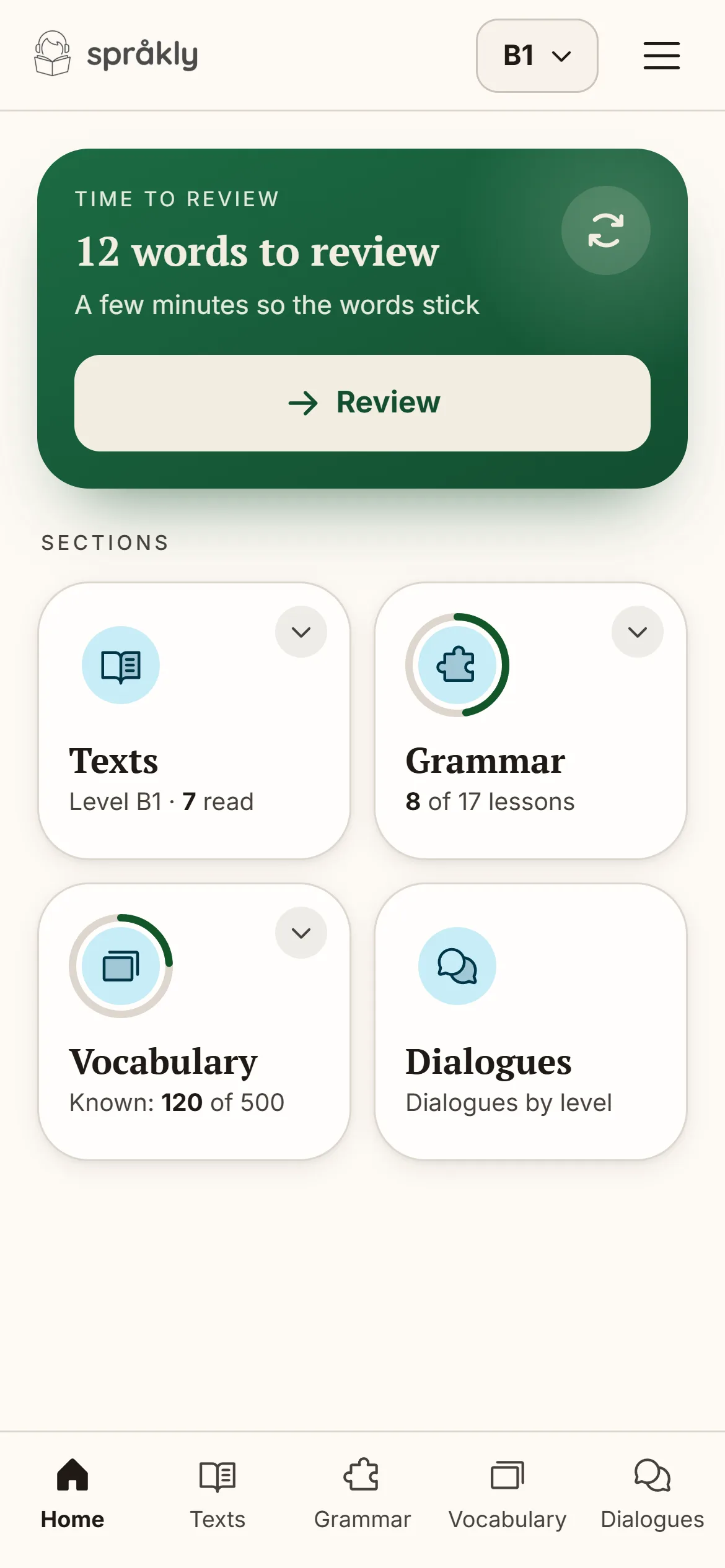 Sprakly home screen: “12 words to review” and the Texts, Grammar, Vocabulary and Dialogues sections.