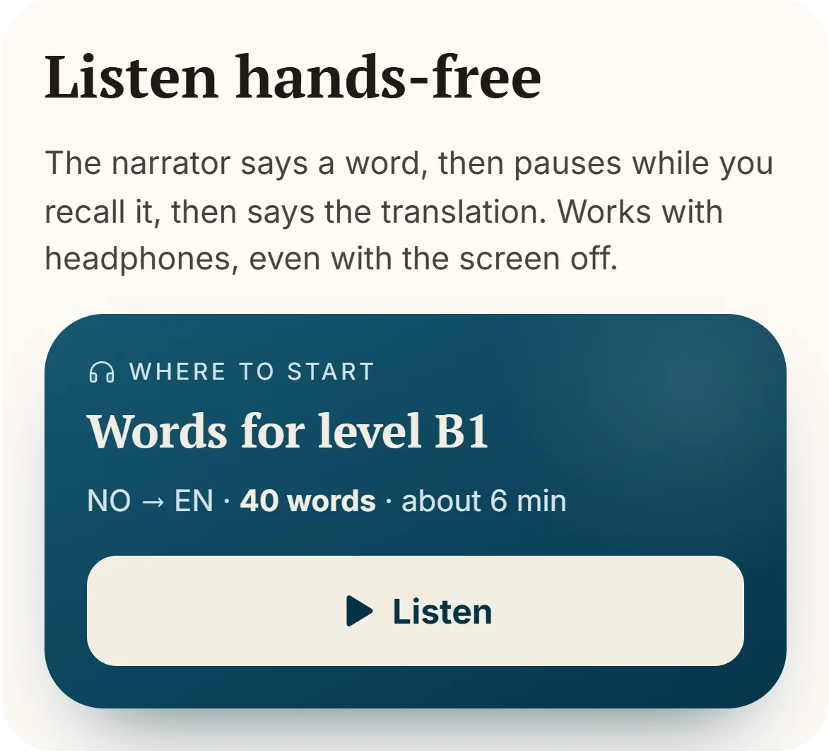 The “Listen hands-free” screen: choose a word set and start listening.