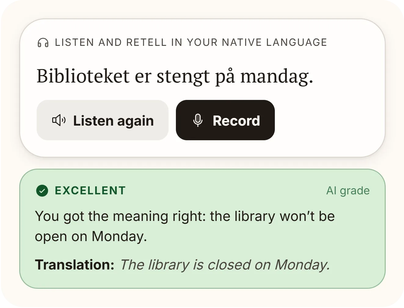 Listening screen: a Norwegian sentence, the record button and Sprakly’s feedback in English.