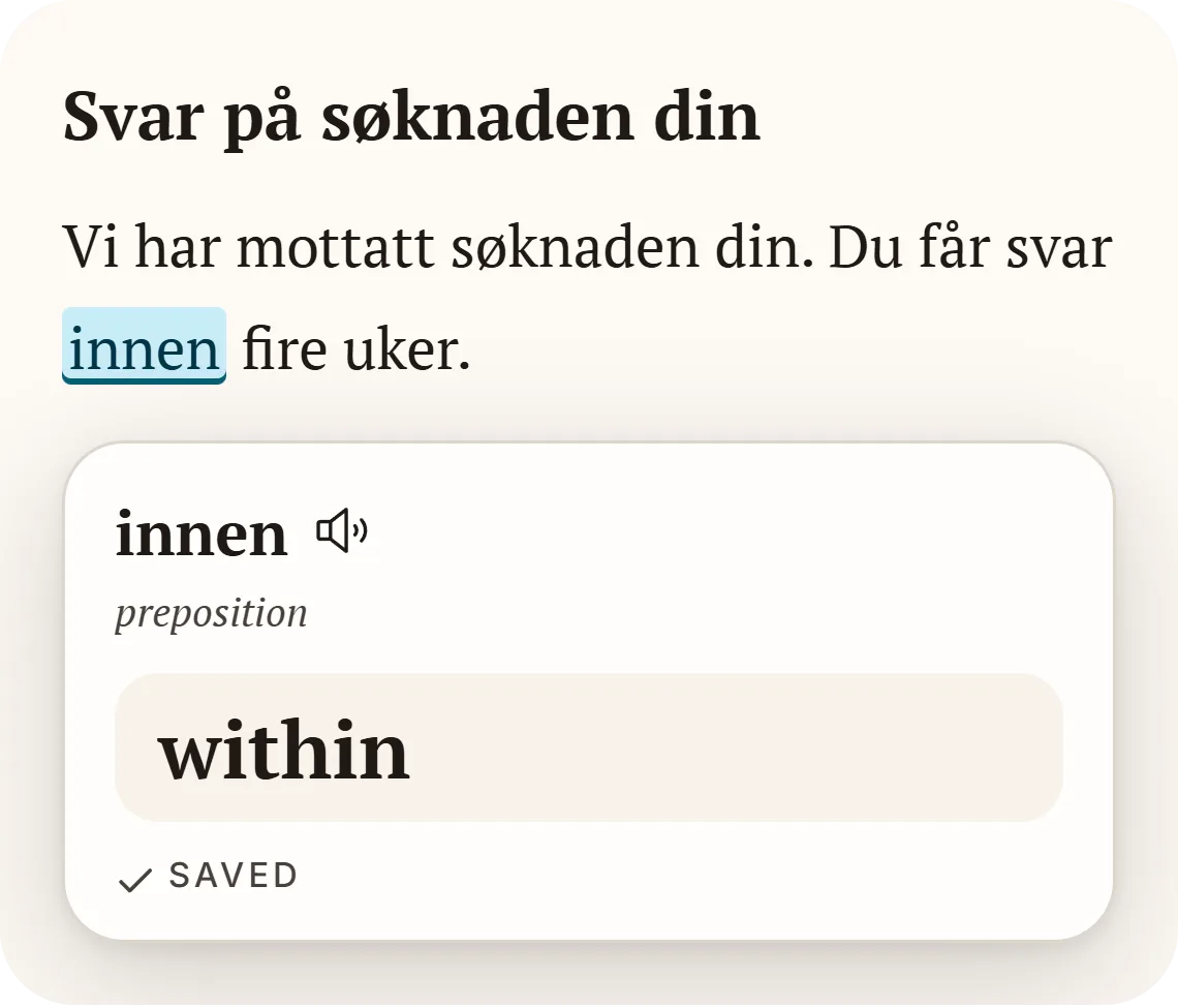 A letter in Norwegian: the word innen is highlighted, with the translation “within”.