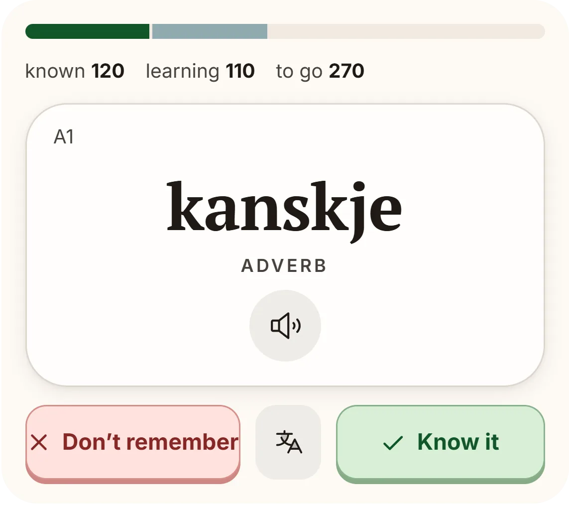 Word card for kanskje (adverb) with “Don’t remember” and “Know it” buttons.